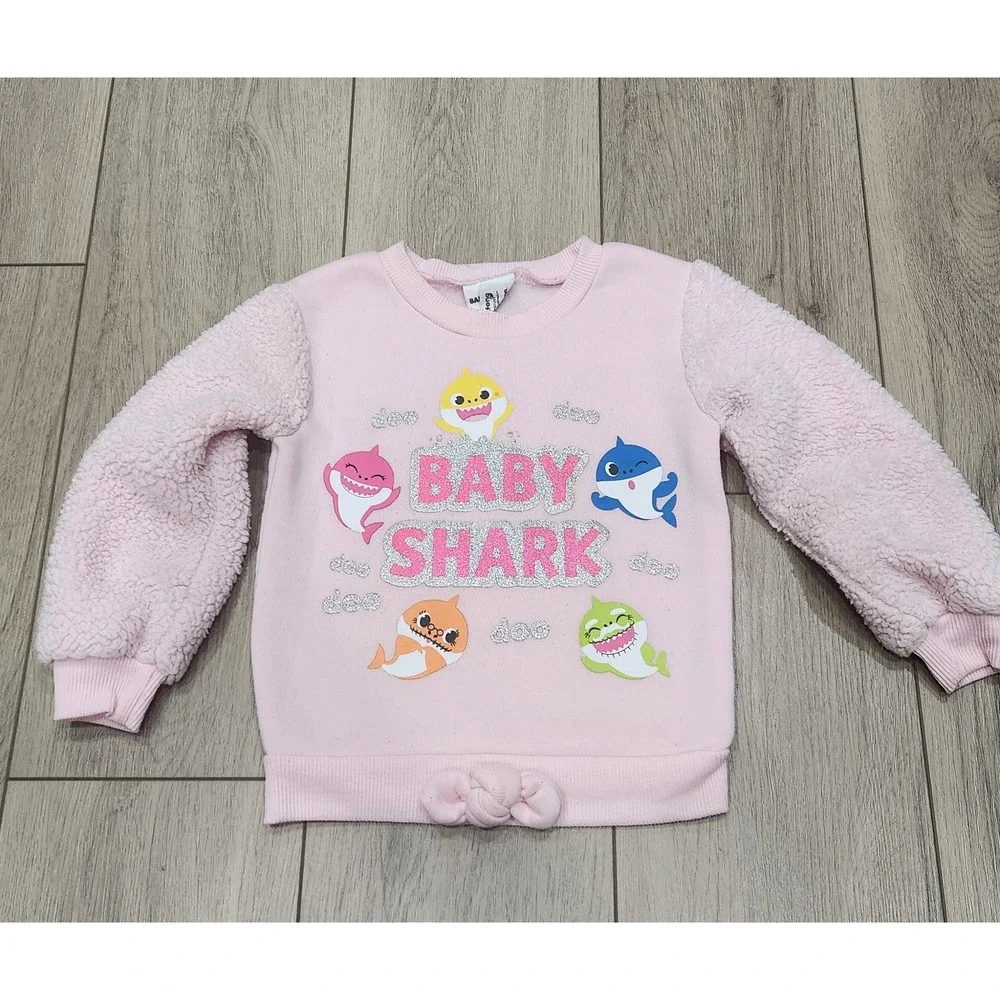 Pinkfong‎ Baby Shark Pink Sherpa Sleeve Sweatshirt Girls Size 3T Glitter Graphic